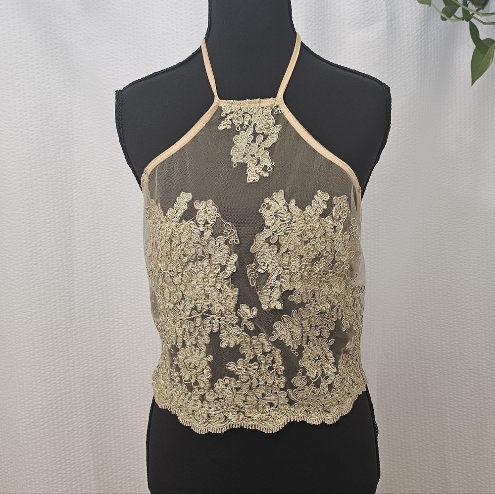 Banjul Womens Lace Mesh Grunge Gypsy Party Halter Crop Top - Picture 2 of 10